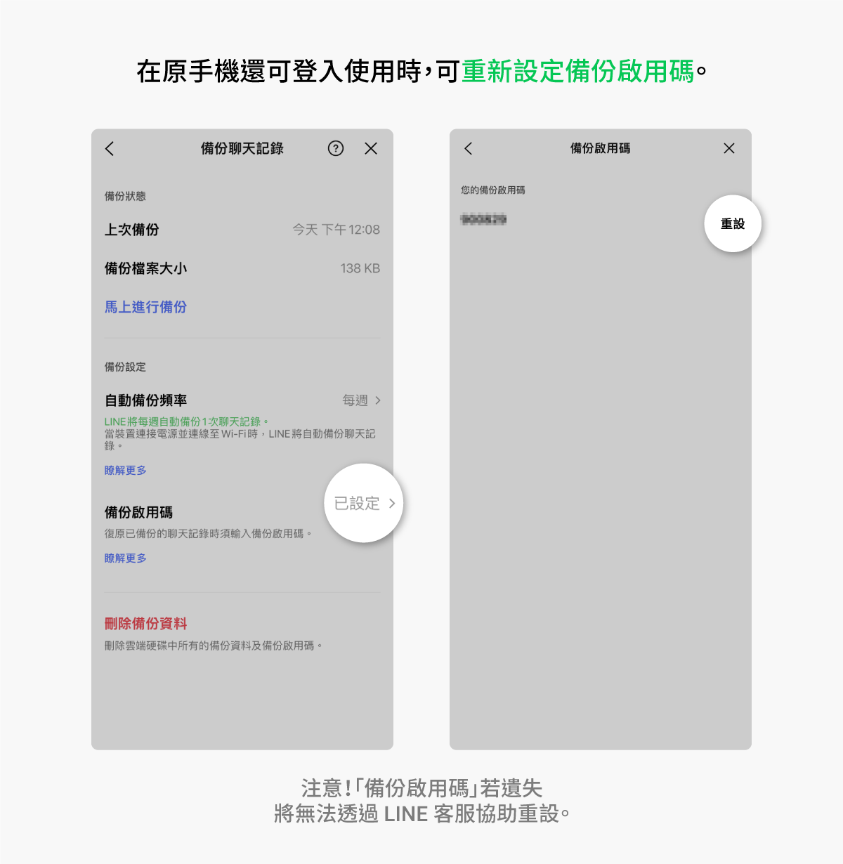 新登場!設定備份啟用碼,跨系統換機或手機遺失可復原2週聊天記錄
